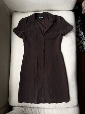 Vintage PATRICK 100% Silk Dress Brown Button Up Slit Women’s Size 8